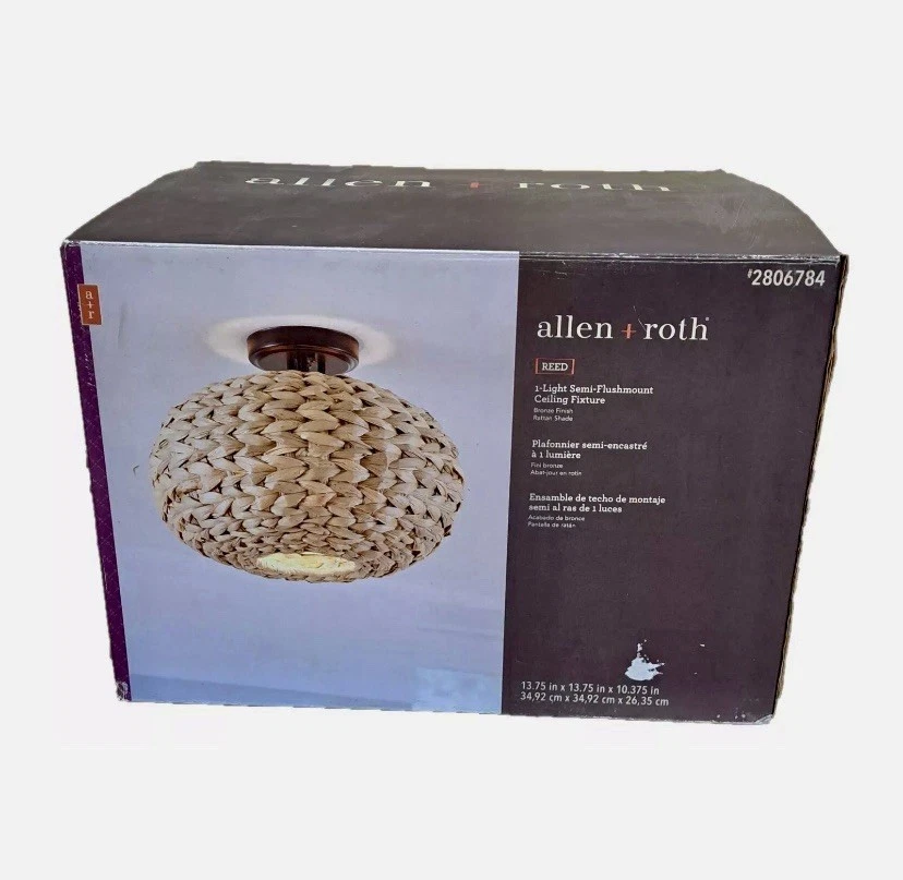 Allen Roth REED Island Style RATTAN SHADE Semi-Flushmount Ceiling Fixture Bronze - Image 1 of 3
