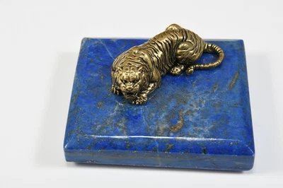 N96B12- Lapislazuli Briefbeschwerer mit Messing Bronze Figur Tiger - Bild 1 von 4