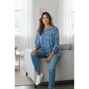 Top Jill Azul Paisley M Nuevo con Etiquetas 60% Algodón Manga Globo 3/4 Informal Oficina Viaje - Imagen 1 de 6