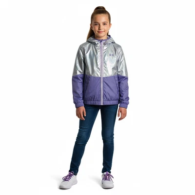 Under Armour Girls Windbreaker Hooded Jacket Water-Repellent Purple Size S (8) - Image 1 of 4