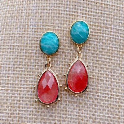 Teardrop Red Quartz Green Amazonite Dangle Earrings Natural Stone Jewelery - Image 1 of 4
