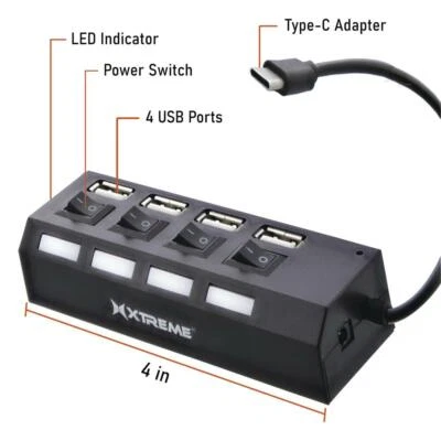Xtreme Type-C 4 Port USB 2.0 Hub w/ LED indicators and Power Switches -Black LED - Image 1 of 4