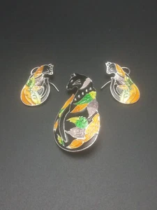 ZARAH Silber Platte Multicolor Emaille "Time To Leave" Katze Brosche & Ohrringe Set - Bild 1 von 9