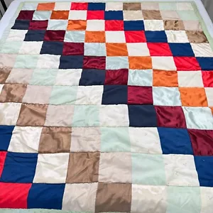 handmade lap quilt red blue diagonal square block rustic primitive - Picture 1 of 11