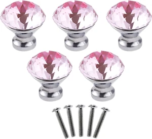 Pink Crystal Knobs, 5PCS Diamond Drawer Pulls Glass Cabinet Handles for Wardrobe - Picture 1 of 7
