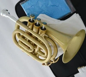 Brushed Brass Pocket Trumpet B-flat Horn Large Bell With 2 Mouthpiece Case - Picture 1 of 6