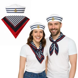 Captain Sailor Costume Set for Adults – Blue & White Striped Sailor Hat with Red - Picture 1 of 8