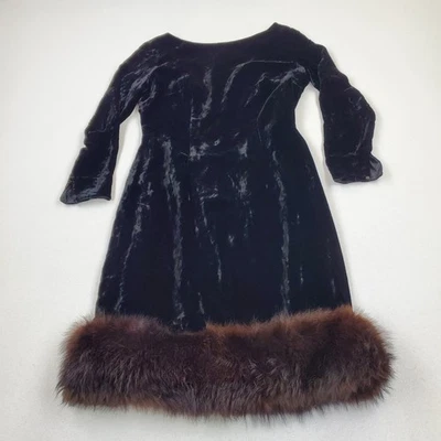 Vintage 40s Black Velvet Long Sleeve Low Back Dress w/ Real Fur Hem Trim - Image 1 of 4
