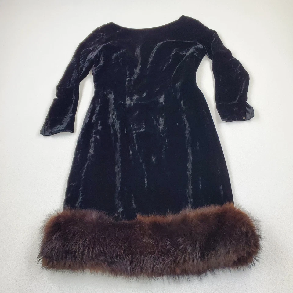 Vintage 40s Black Velvet Long Sleeve Low Back Dress w/ Real Fur Hem Trim - Image 1 of 4