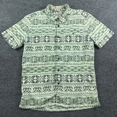 Quiksilver Waterman Hawaiian Shirt Mens Medium Green Tailored Fit Tribal Stripe - Image 1 of 4
