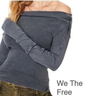 Free People We The Free Gigi Long Sleeve Off Shoulder Top Stretch Cotton M Gray - Image 1 of 4