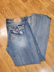 Miss Me Jeans Easy Boot Mid Rise Heavy Stitch Rhinestone Bling Women's 32 - Picture 1 of 8