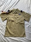 Boy Scouts  BSA Youth Shirt Medium Tan  Poly Microfiber SEWN on Patches and pins