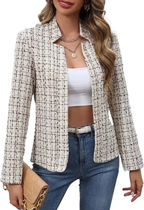 2025 Women'S Tweed Blazer Lightweight Plaid Open-Front Stand-Collar Fully-Lined  - Picture 1 of 6