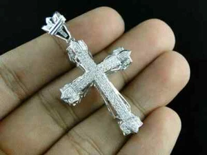 14K Herren Weißgold plattiert Silber Lab Created Pave Diamant Kreuz Anhänger 1 Karat - Bild 1 von 3