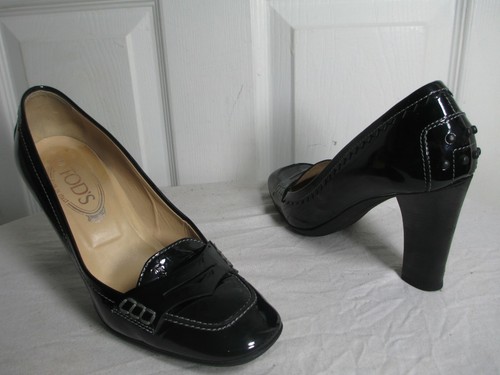 TOD’S SCARPE MOCASSINI DONNA NERO VERNICE TACCO MISURA 7 MADE IN ITALY