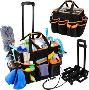 Large Cleaning Tote Bag Portable Organizer Caddy with Wheels Handle & Strap Blac - Picture 1 of 12