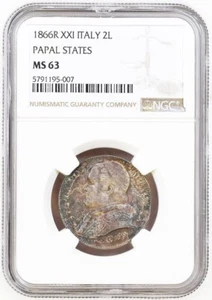 1866 Vatican Pope Pius IX. Nice Silver 2 Lire Coin. Low Pop 4/2! NGC MS-63! - Picture 1 of 3
