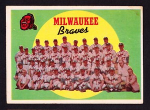 1959 TOPPS #419 MILWAUKEE BRAVES TEAM CARD W/AARON/MATHEWS/SPAHN UNMARKED