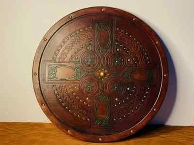 Scottish Targe Leather Celtic Cross Wooden Shield Handmade Leather Viking Shield - Image 1 of 4