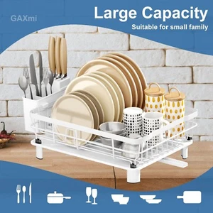 Large Dish Drying Rack Kitchen Shelf w/ Drainage Knife Fork Utensil Cup Holders - Picture 1 of 10