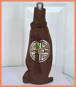 Braun Farbe Baumwolle Weinflasche Abdeckung Geschenktüte bestickt Motiv mit Jade Quaste - Bild 1 von 5