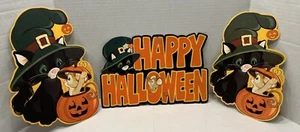 Vintage Hallmark Halloween Die Cuts Black Cat Witch & Mouse Happy Halloween Sign - Picture 1 of 12