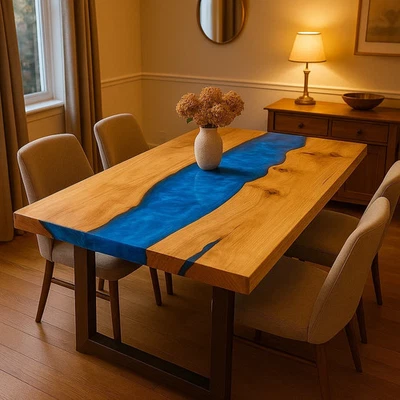 Blue Epoxy River Dining Table | Live Edge Acacia Wood Epoxy Table | Custom Top - Image 1 of 4