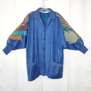 Vintage 80s Womens Jacket L Blue Linen Leather Embellished Dolman Artsy Boho - Picture 1 of 10