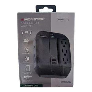Monster Cable Wall Tap Surge Protector with 6 Swivel/Side Outlets 2 USB Black - Picture 1 of 4