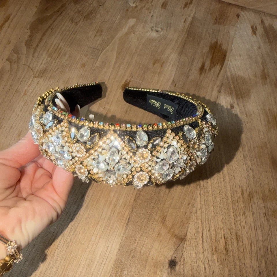 Diadema hecha a mano FABULOSA de vidrio con estrás BLING de terciopelo negro pieza de pasarela WOW Foto 1 de 4