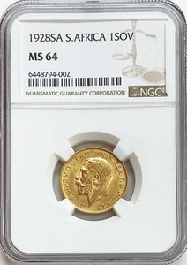 1928 SA GOLD SOUTH AFRICA KING GEORGE V SOVEREIGN COIN NGC MINT STATE 64 - Picture 1 of 2