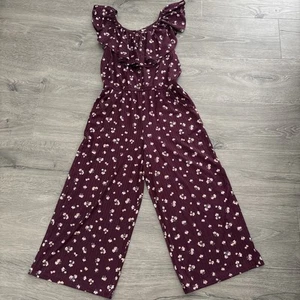 Justice Girls Jumpsuit size 10 Purple Floral Short Sleeve ruffle pockets - Picture 1 of 8