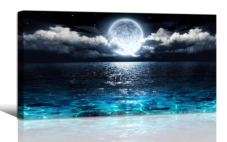 Wall Art Moon Sea Ocean Landscape Picture Canvas Ocean&moon 20 X 40inch 1pcs