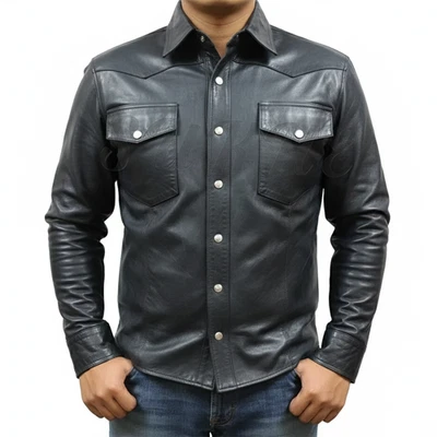 Camisa de cuero genuino premium para hombre Camisas de cuero negras estilo vaquero occidental Foto 1 de 4