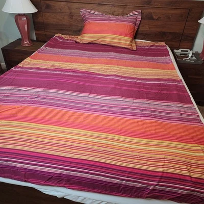 宜家 Andrea 缎面被套套装 TWIN Dorm 红色粉色橙色黄色条纹 2 件 — 第 1/4 张图片