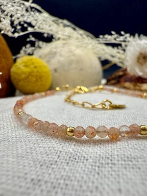 Pulseira feita à mão de contas folheadas a ouro pedra preciosa facetada pedra do sol delicada 6-8"" - Imagem 1 de 4