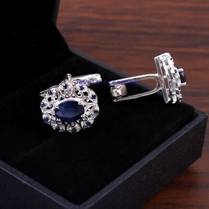 Natural Blue Sapphire Gemstones with 925 Sterling silver Cufflinks for Men's #30 - Picture 1 of 5