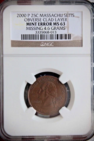 2000  P  MASSACHUSETTS  MA  STATE QUARTER  25c  CLAD LAYER MISSING  OBV NGC MS63 Cover
