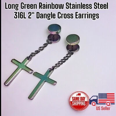 Pendientes colgantes de acero inoxidable 2 piezas verde arco iris cruz larga joyería regalo Foto 1 de 3