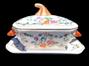 Antique Chinese Export Tureen Boars Head Handles 3 Piece Hand Painted Floral - Picture 1 of 16