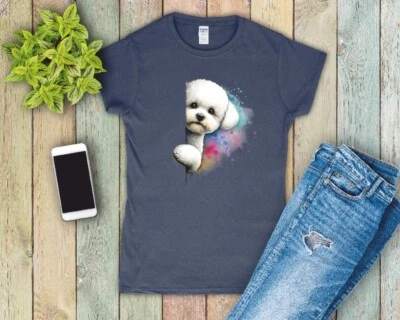 GILDAN Peeking Bichon Frise Ladies T Shirt Sizes Small-2XL