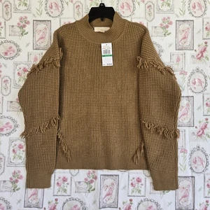 Maglione MICHAEL Kors cammello scuro frange finto collo maglia grossa nuovo con etichetta taglia large  - Foto 1 di 7