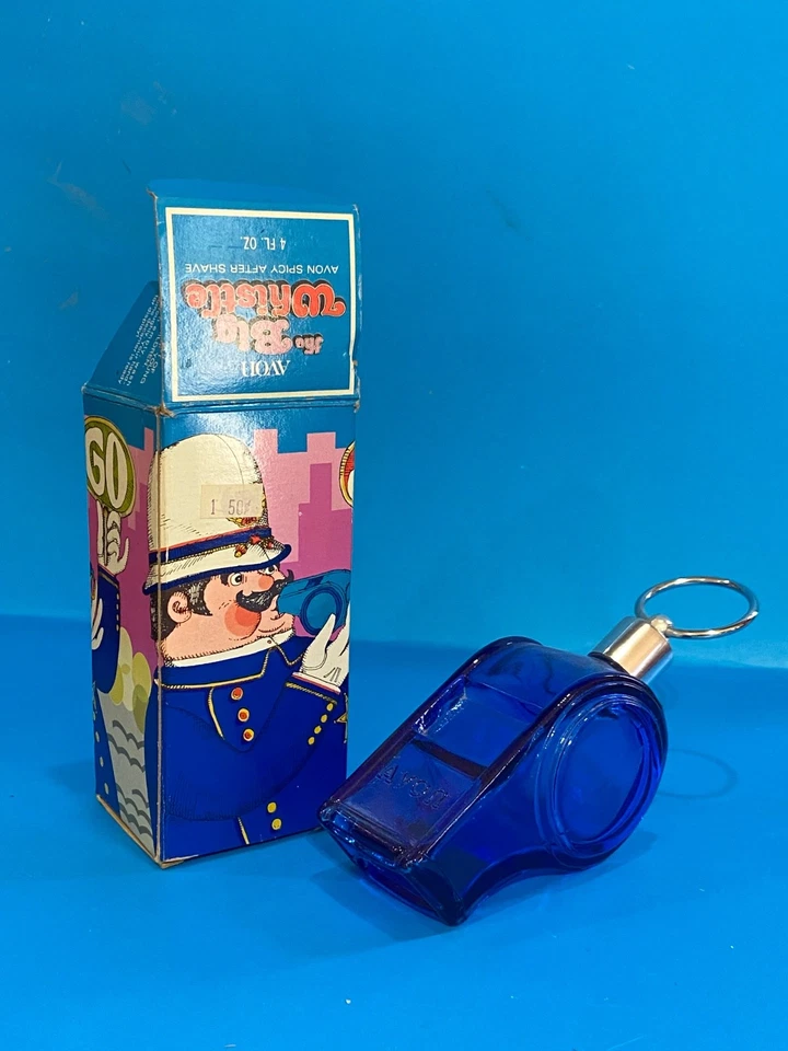 Botella de vidrio azul vacía vintage Avon The Big Whistle para después del afeitado Foto 1 de 1