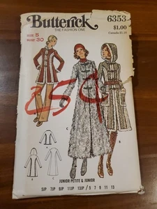 Butterick 6353 Junior Sz 5 Vtg 70s Coat Bust 30 Factory Fold Sewing Pattern - Picture 1 of 4