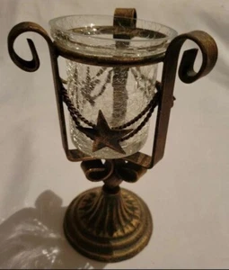 Vintage Gold Star Crackled Glass Candle Holder ~ 6 1/2" Home Decor Decoration - Picture 1 of 3
