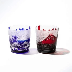 Edo Kiriko Taburō Kobo Wave Fuji rot Fuji frei Glas Mini Stein Glas Paar - Bild 1 von 7