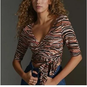 DAILY RITUAL/ANTHROPOLOGIE Wild Tiger Animal Print Wrap Blouse SMALL Brown Motif - Picture 1 of 8