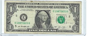 Jun 1987 : E19870623G $1 One Dollar Bill Fancy Serial Birth Year Note 1987-06-23 - Picture 1 of 2