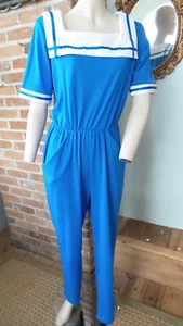 Vtg Jumpsuit Blue w/ Sailor suit look Collar Short Sleeves Elastic Waist sz 14 - Picture 1 of 9